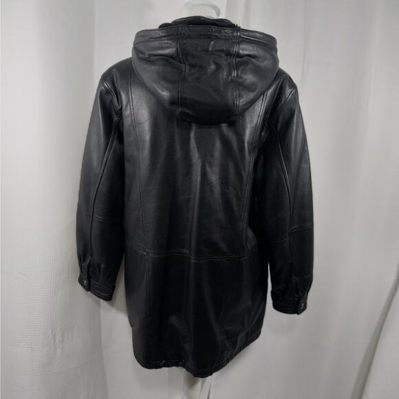 CHARLES KLEIN! CLASSIC BLACK GENUINE LEATHER PARKA STYLE ZIP OFF HOOD COAT! SZ L - Picture 8 of 13